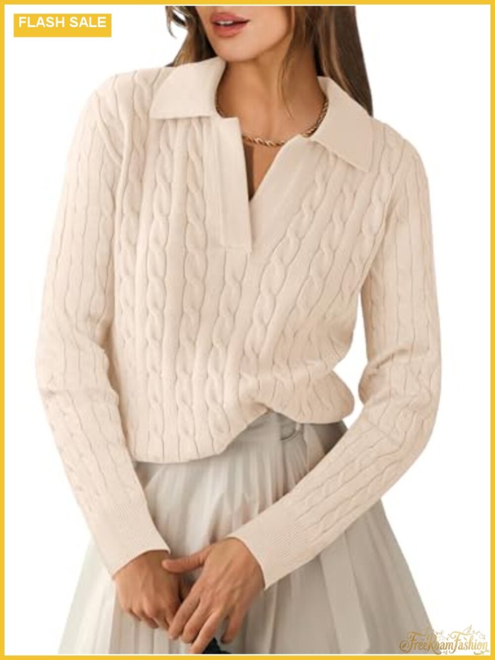 Cable Knit Sweater Long Sleeve V-Neck Polo Pullover for Fall Outfits